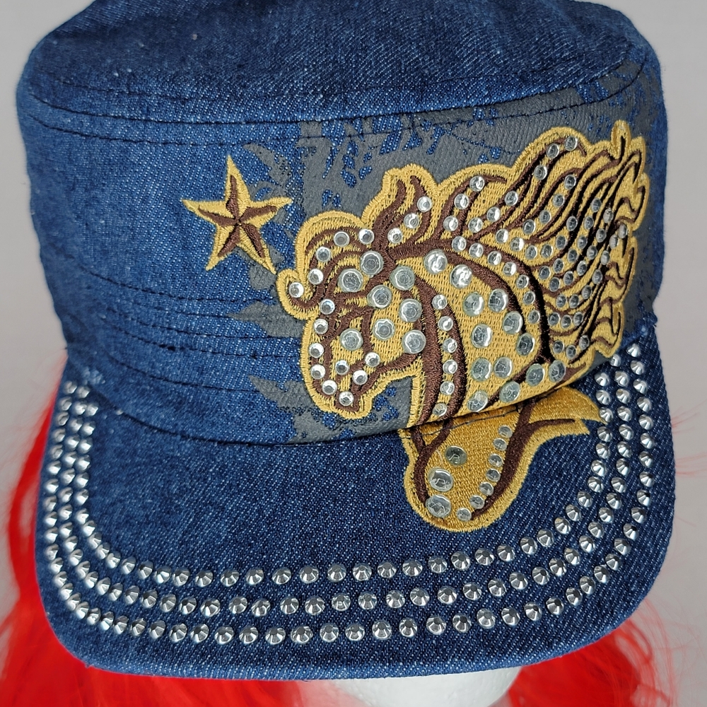 `H25277 NWT Professional Style Rhinestone Dark Denim Cadet Cap - Horse and Star
